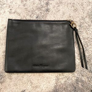 Salvatore Ferragamo soft black leather clutch zip pouch purse insert